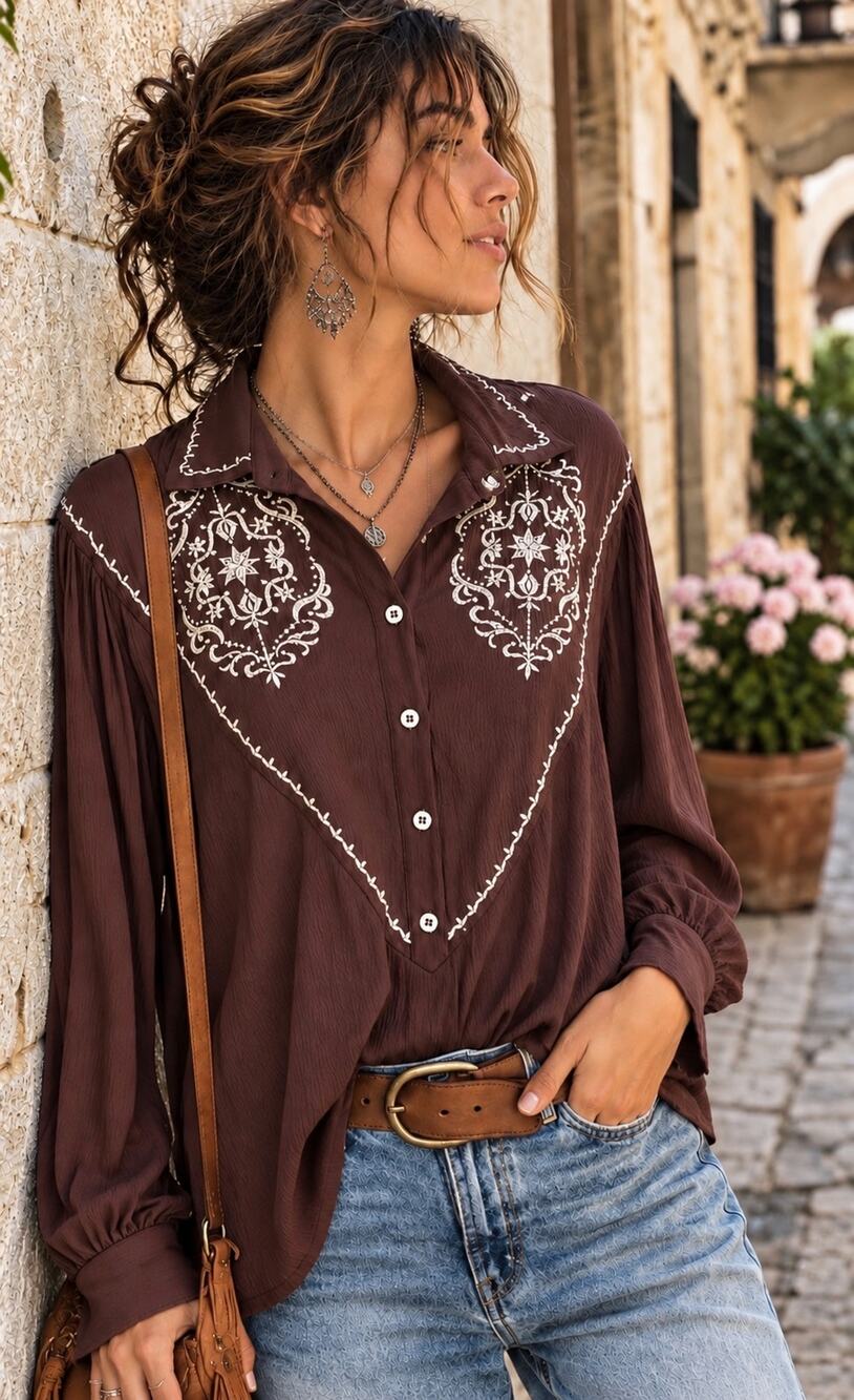 In Loom Brown Embroidered Western Boho Peasant Blouse Long Sleeve Large NWOT